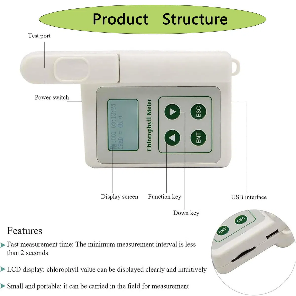 Compteur de chlorophylle portable avec mesure précise SPAD et surveillance de la température des feuilles pour la recherche agricole et le jardinage