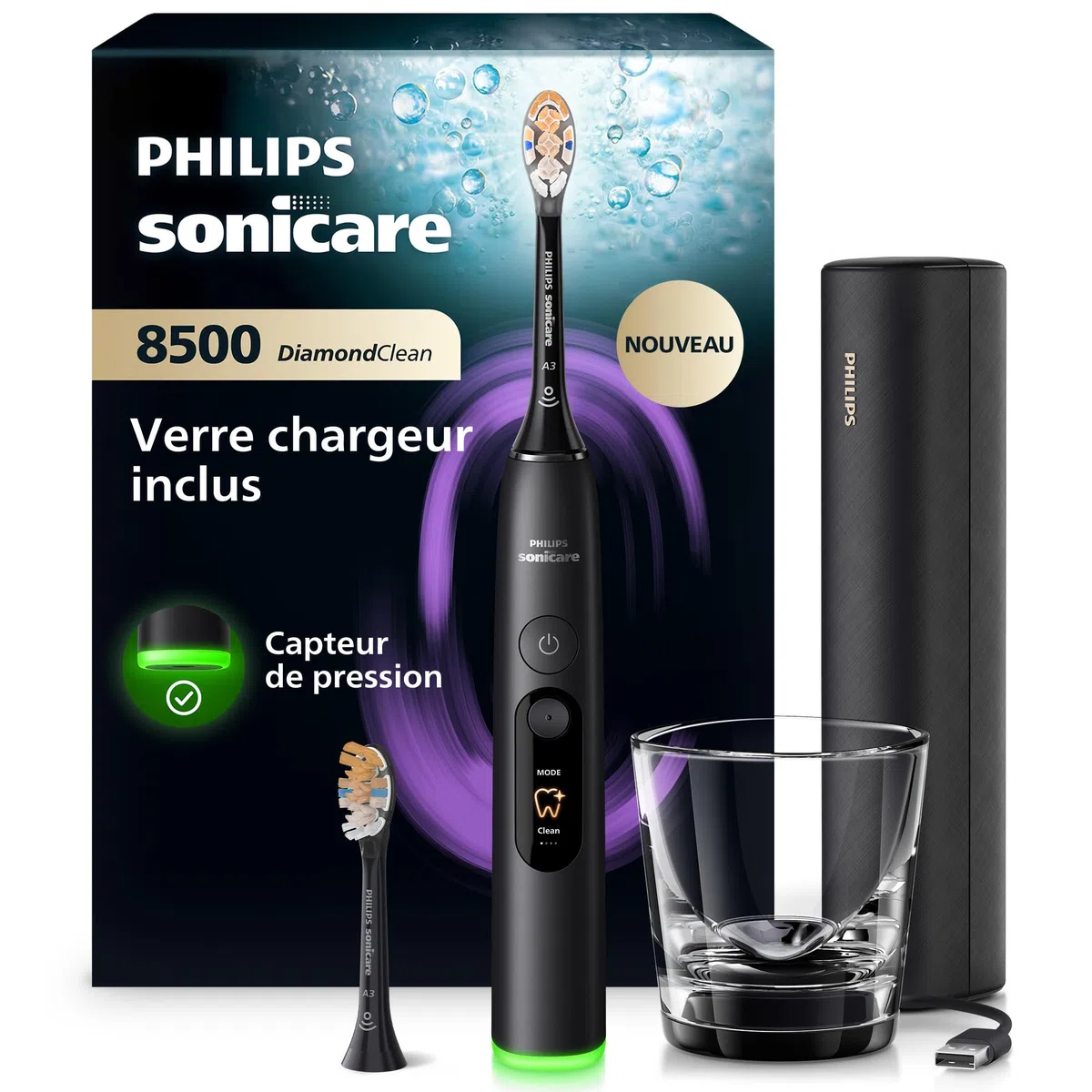 Philips Sonicare DiamondClean 8500 nouvelle génération – brosse à dents électrique avec capteur de pression, 18 réglages, coloris noir, modèle HX8514/12
