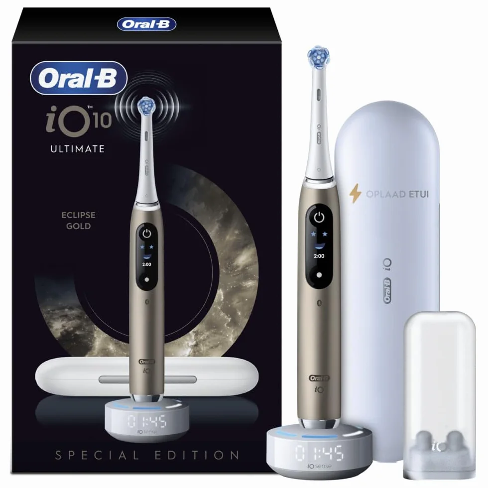 Oral-B iO Series 10 Brosse à dents électrique, avec 1 brosse à dents, station de charge rapide, étui de voyage de charge, étui de brosses, Eclipse Gold
