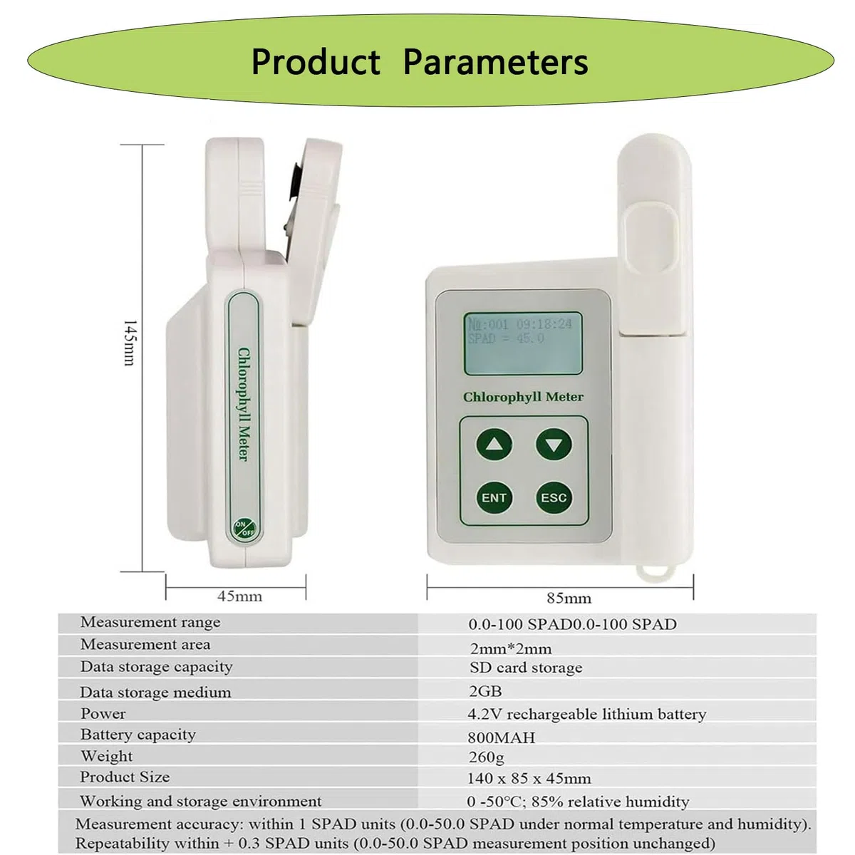 Compteur de chlorophylle portable avec mesure précise SPAD et surveillance de la température des feuilles pour la recherche agricole et le jardinage