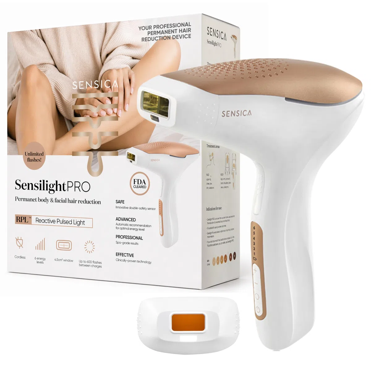 Sensica Sensilight PRO Épilateur à Lumière Pulsée IPL Sans Fil pour Femme & Homme, Épilation à Domicile, Fenêtre XL Corps, Fenêtre de Précision Visage, Mode Glisse Auto, 6 Niveaux d’Énergie