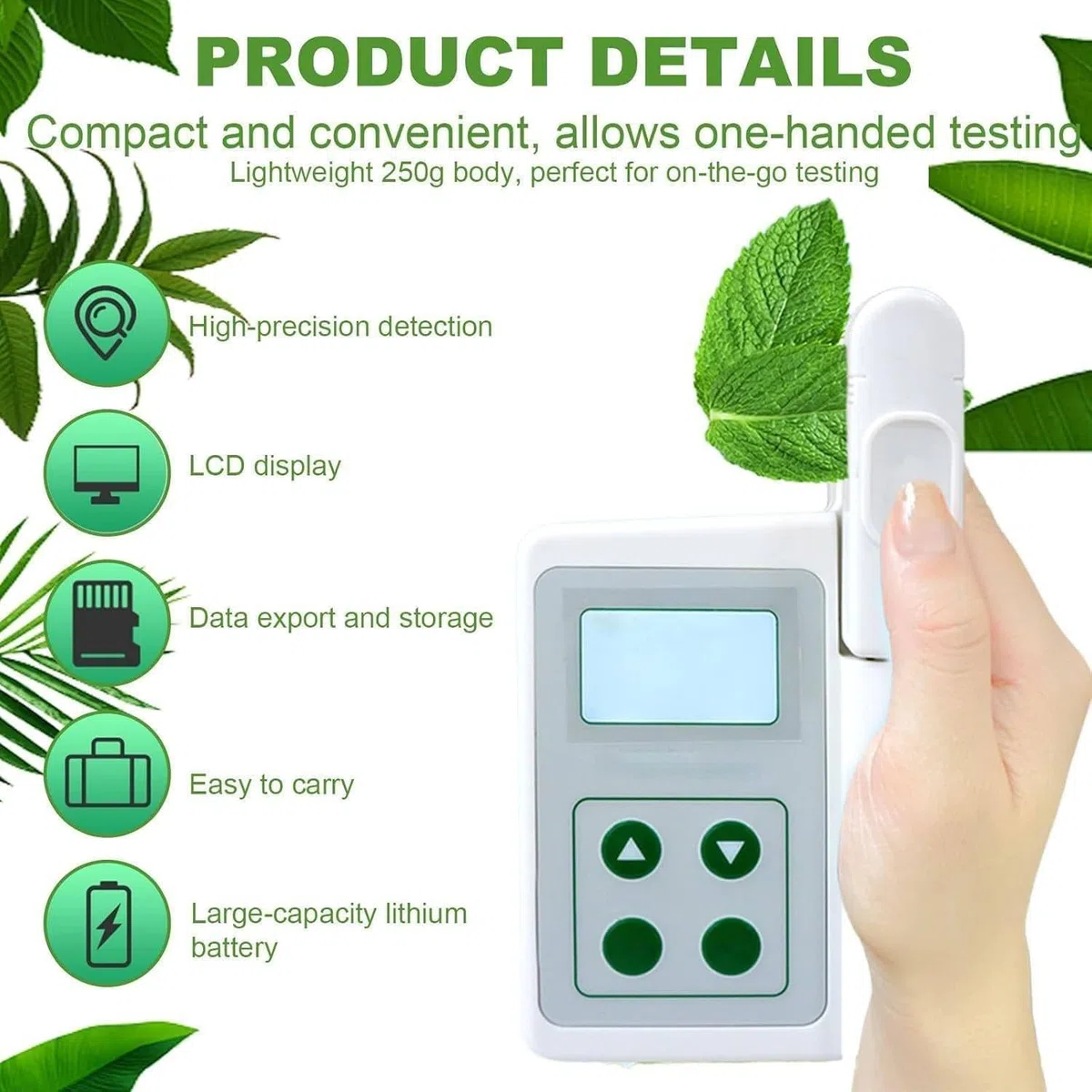 Compteur de chlorophylle portable, analyseur portatif avec exportation de données USB, détecte rapidement la chlorophylle/azote/température/humidité