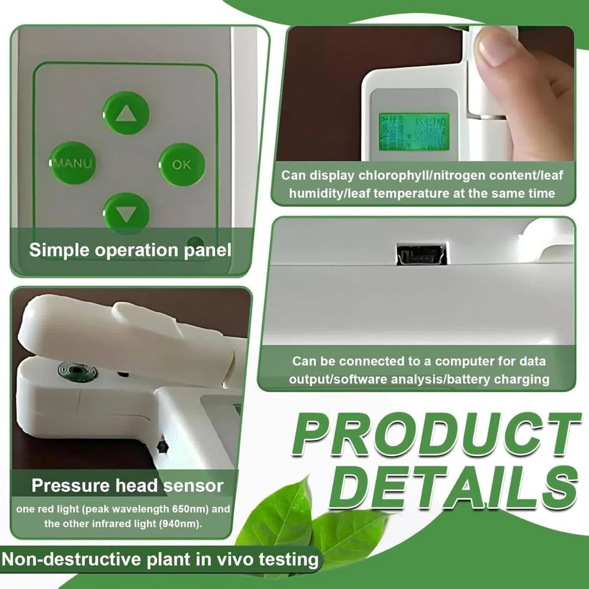Compteur de chlorophylle portable, analyseur portatif avec exportation de données USB, détecte rapidement la chlorophylle/azote/température/humidité