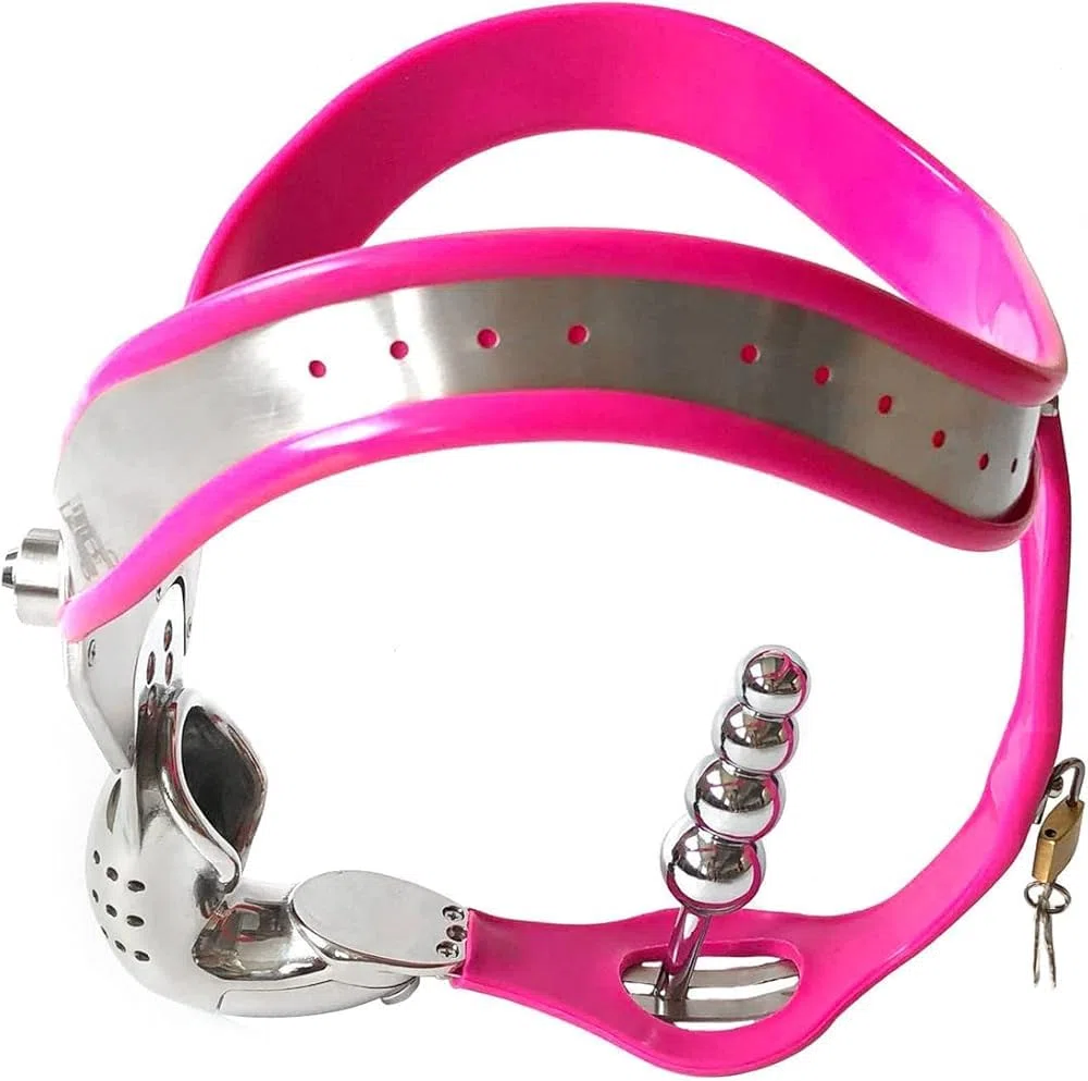 Ceinture De Chasteté en Acier Inoxydable Verrouillable, Ceinture De Servitude Et De Chasteté pour Hommes(Size:120/130cm (47/51in),Color:Rosa)
