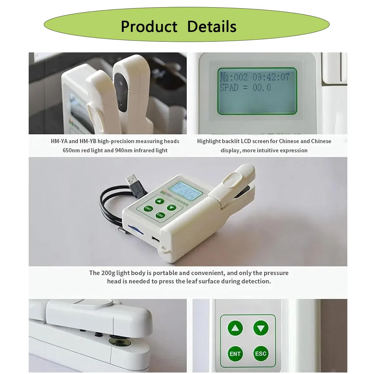Compteur de chlorophylle portable avec mesure précise SPAD et surveillance de la température des feuilles pour la recherche agricole et le jardinage