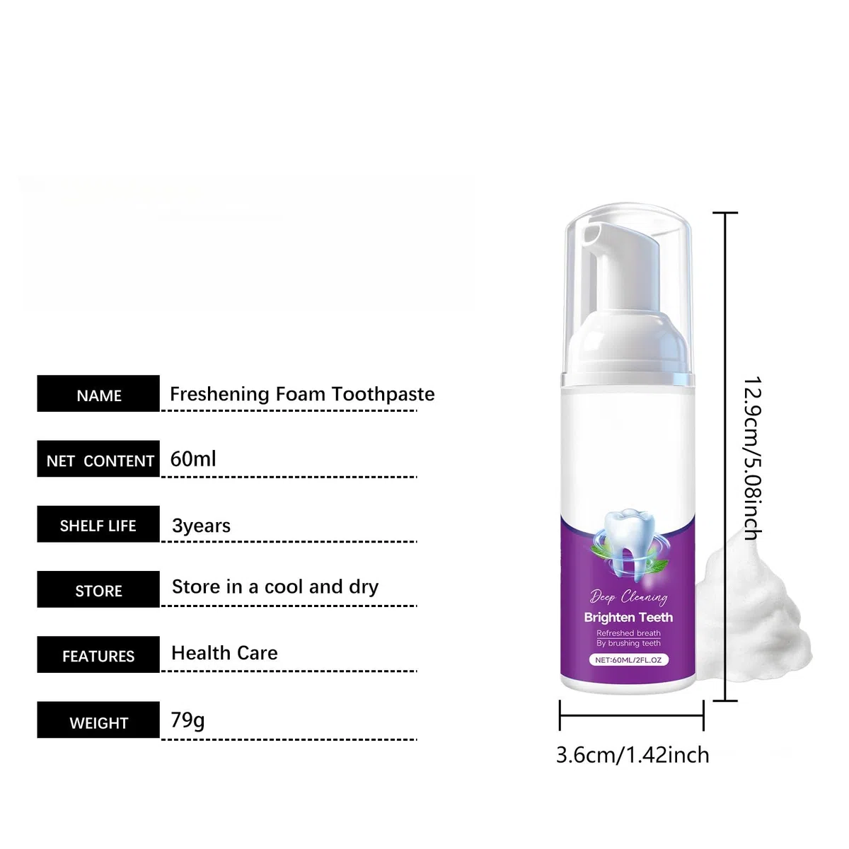 Dentifrice mousse rafraîchissant à la menthe for des dents propres et brillantes, des soins bucco-dentaires doux et une haleine fraîche longue durée for un usage quotidien(3pcs)