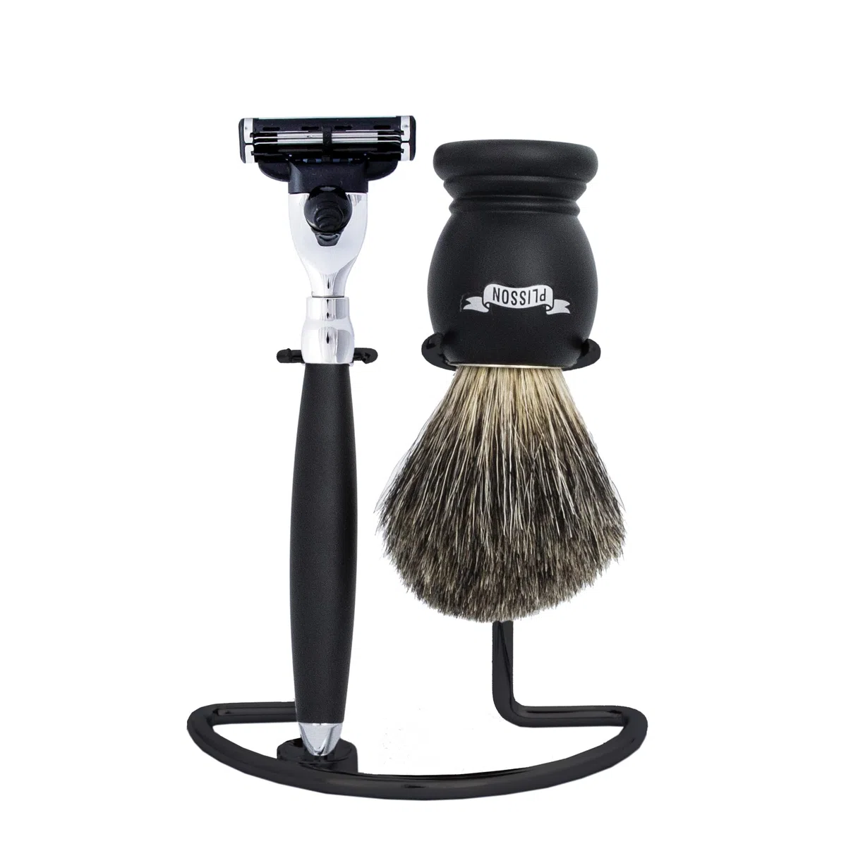 Plisson - Set de Rasage Essentiel - Coffret Cadeau 3 Pièces pour Homme - Blaireau Poils Gris de Russie, Taille 12 Standard + Rasoir Mach3 + Serviteur Laiton Chromé - Fabrication Française
