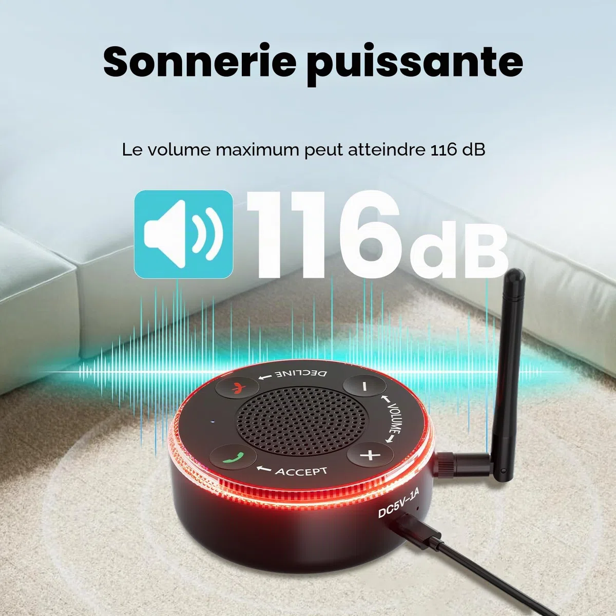 Lamborsafe Amplificateur de sonnerie de téléphone portable pour personnes âgées, sonnerie externe pour téléphone portable, amplificateurs de sonnerie Bluetooth pour malentendants – sonnerie