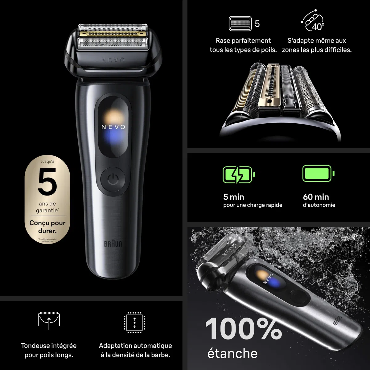 Braun Rasoir Electrique Homme NEVO11005C, Système 7-en-1, Argent