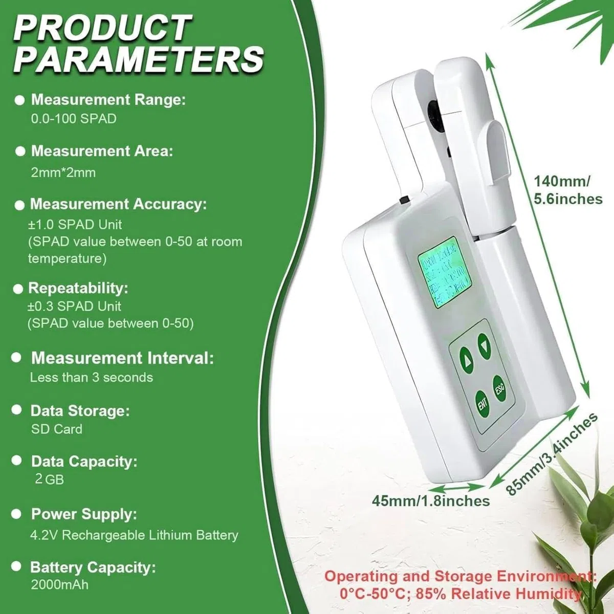 Compteur de chlorophylle portable, analyseur portatif avec exportation de données USB, détecte rapidement la chlorophylle/azote/température/humidité