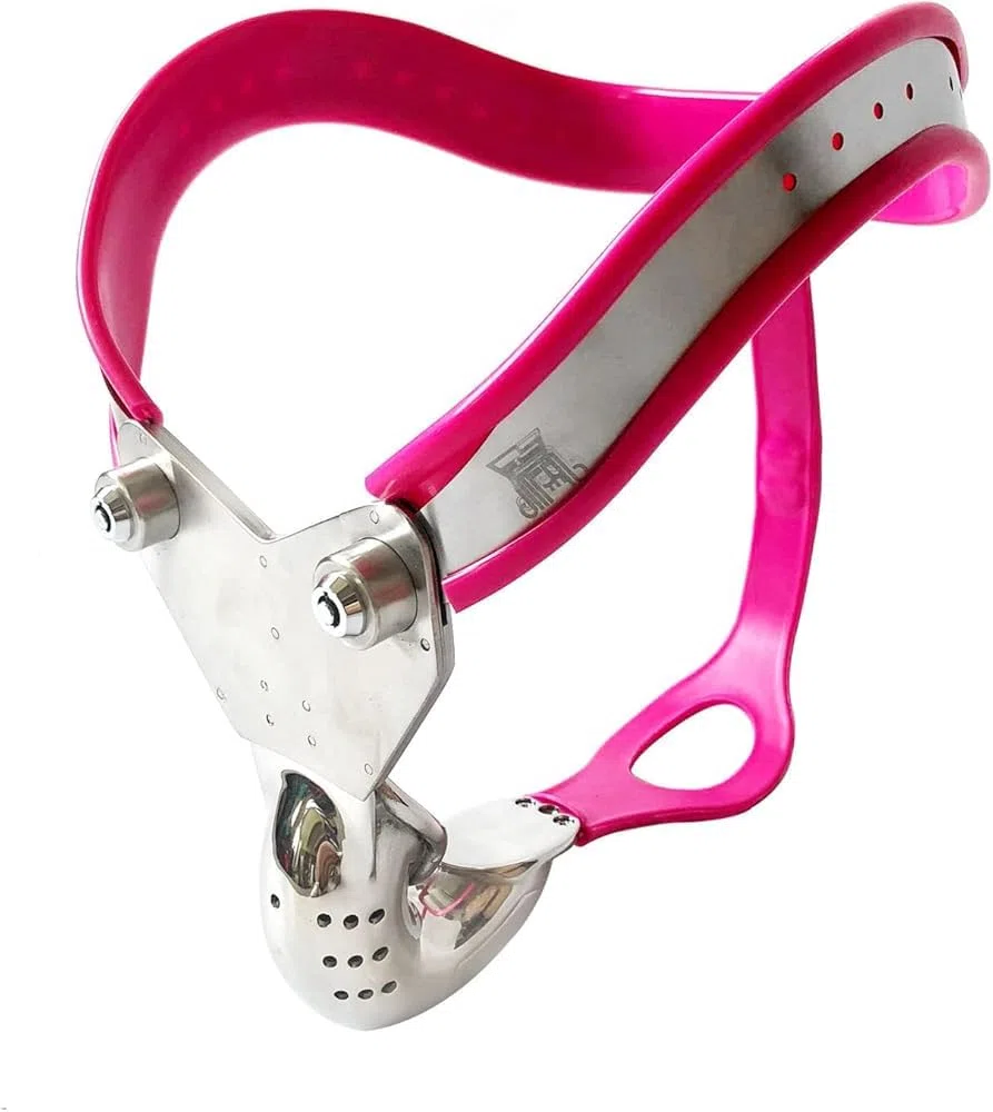 Ceinture De Chasteté en Acier Inoxydable Verrouillable, Ceinture De Servitude Et De Chasteté pour Hommes(Size:120/130cm (47/51in),Color:Rosa)